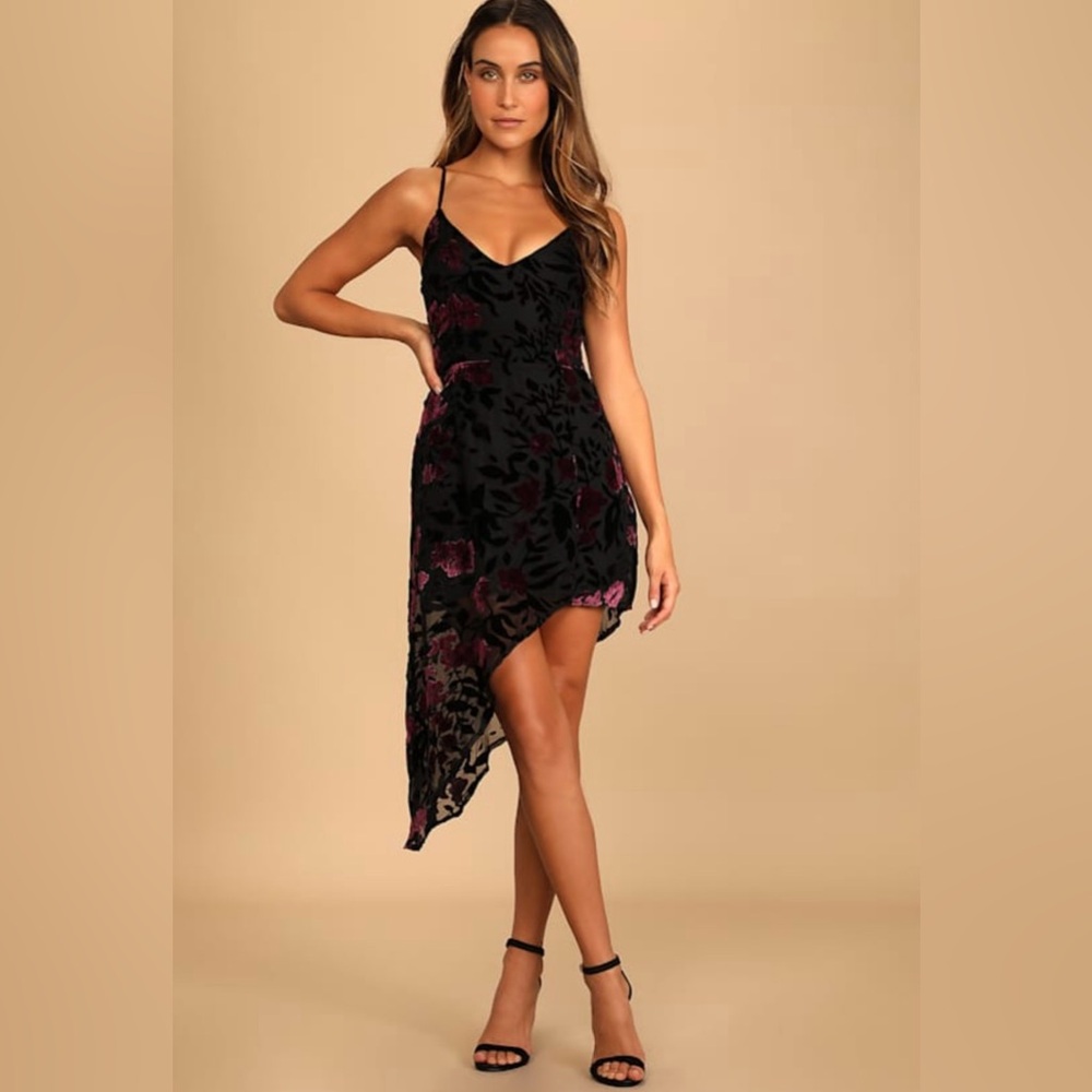 Lulus Evenings with You Black Floral Velvet Asymmetrical Dress